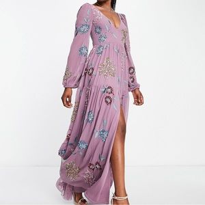 ASOS Maya deluxe floral embellished maxi dress in plum size 12